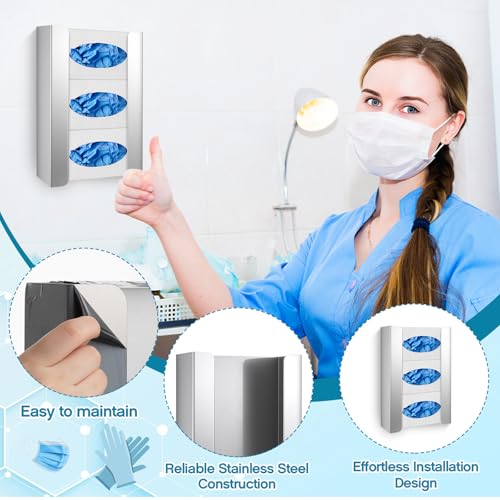 Blulu 2 Pack Glove Box Holder/Dispenser Stainless Steel Triple Wall Mounted Glove Box Organizer, 9.84"H x 14.96"W x 3.74"D