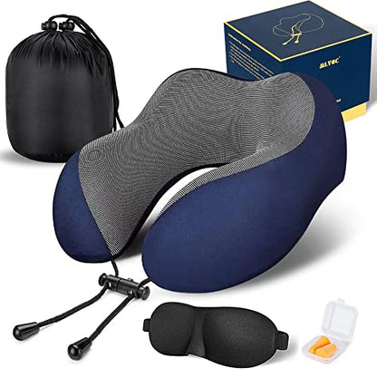 MLVOC Neck Pillow for Traveling, Upgraded 100% Pure Memory Foam Travel Neck Pillow for Airplane Flight Sleep, Breathable & Machine Washable Cover, Travel Kit with 3D Eye Mask, Earplugs & Bag, Blue - color: Blue
