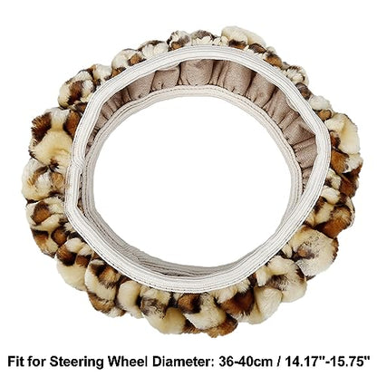 X AUTOHAUX Elastic Leopard Pattern Fluffy Car Steering Wheel Cover with Handbrake Gear Shift Cover Set Universal Beige - color: Beige