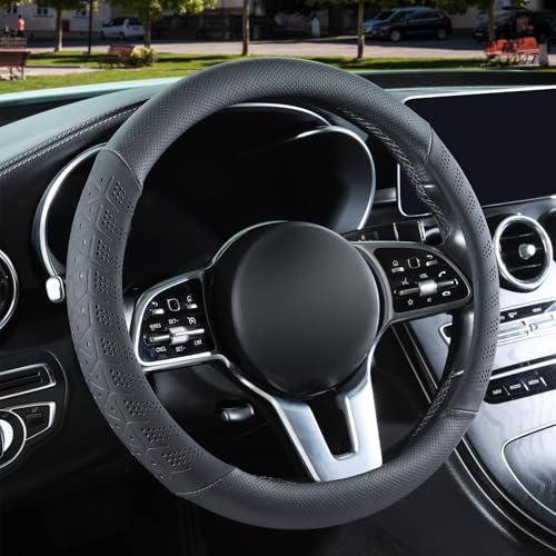 3D Premium Skin-Feel Leather Large Steering Wheel Cover, Anti-Slip Breathable Soft Slim Design, 15.5 inch to 16 inch, Black - color: Solid Black, size: Round-Large[15.5''-16'']