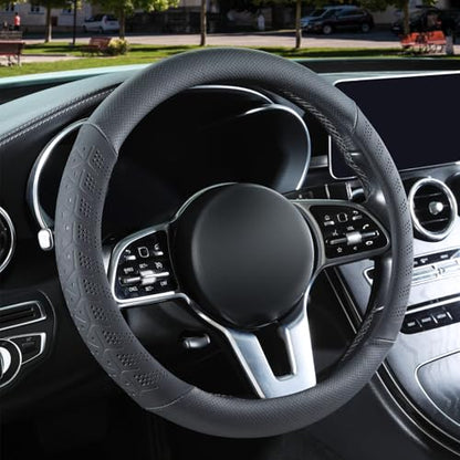 3D Premium Skin-Feel Leather Large Steering Wheel Cover, Anti-Slip Breathable Soft Slim Design, 15.5 inch to 16 inch, Black - color: Solid Black, size: Round-Large[15.5''-16'']