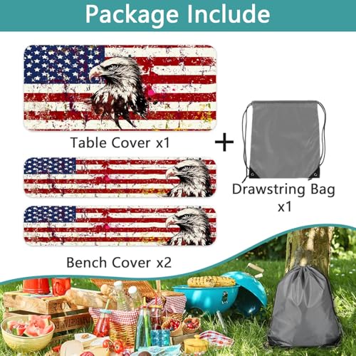 American Flag Picnic Table Cover with Bench Covers Waterproof Windproof Elastic Fitted Outdoor Camping RV Tablecloths with Drawstring Bag Reusable Rectangle Tables and Seats Cover 30X72IN 30X72IN - color: Red, size: 30" x 72" (Rectangular)