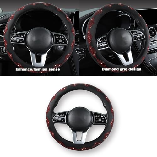 Bling Steering Wheel Cover for Women - Sparkly Crystal Rhinestones on Soft Plush with Checkered Design, Anti-Slip, Universal 15 Inch Car Wheel Protector, Cute Diamond Auto Accessories - color: red diamond +black
