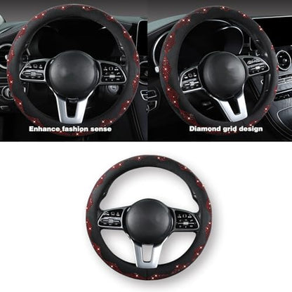 Bling Steering Wheel Cover for Women - Sparkly Crystal Rhinestones on Soft Plush with Checkered Design, Anti-Slip, Universal 15 Inch Car Wheel Protector, Cute Diamond Auto Accessories - color: red diamond +black