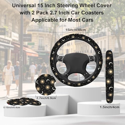 Sun Moon Steering Wheel Cover for Women Girly,Stars and Clouds 15 Inch Non-Slip Breathable Neoprene Steering Wheel Cover Fit Auto,SUVs,Includes 2 PCS Cup Coasters - color: Sun Moon