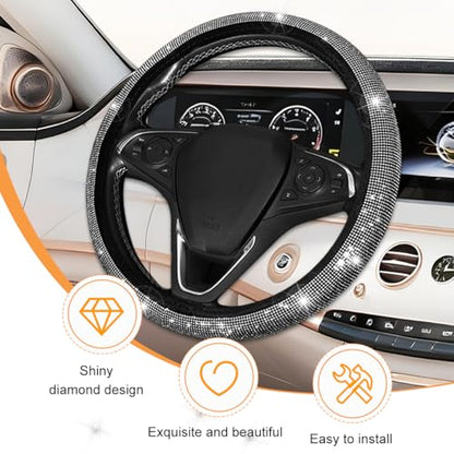 11PCS/Set Bling Car Accessories Set for Women, Rhinestone Vehicle Steering Wheel Cover Seat Belt Cushion Gear Shift Protector Cup Holder Coaster, Universal Automotive Accessories (White)