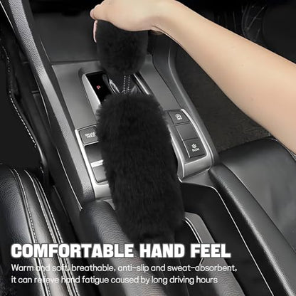 Hovom 2PCS Fluffy Car Gear Shift Knob Cover & Handbrake Cover, Soft Plush Hand Brake Handle & Gear Shift Cover for Women Girls, Universal Comfortable Warm Furry Car Accessories (Black) - color: Black