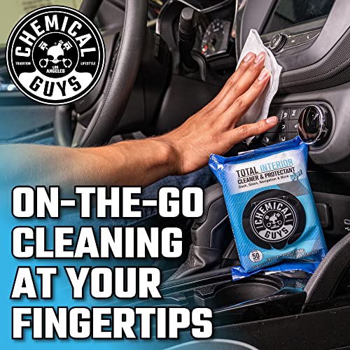 Chemical Guys Total Interior Cleaner & Protectant Wipes – 50 Pack Multi Surface Car Interior Cleaning Wipes for Dashboards, Doors and Seats – Safe for Trucks, SUVs, RVs and Home Use