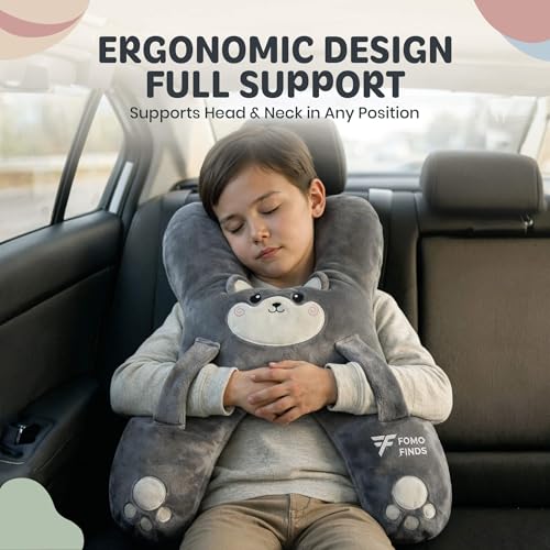 Kids Car Sleeping Pillow - X-Shaped Plush Animal for Neck & Back Support - Hands & Seat Belt Slot - Machine Washable & Compressible - Perfect for Car, Plane, Train, Boat & More - Grey