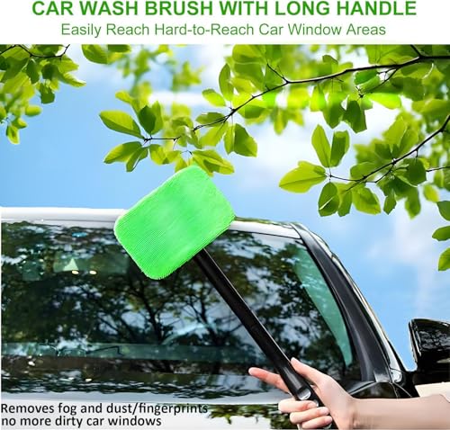 desin Car Windshield Cleaning Tool, Windshield Cleaner with 5 Washable and Reusable Microfiber Pads and Extendable Handle, for Auto Glass Wiper (Green) - color: Green
