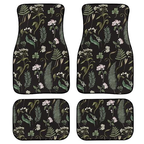 Botanical Print Floor Mats for Cars Universal Forest Floral Black Sage Green Ferns and Different Leaves Car Floor Mats Set Front Rear Foot Carpets All Weather Auto Accessories for Trucks - color: Dark Green Black