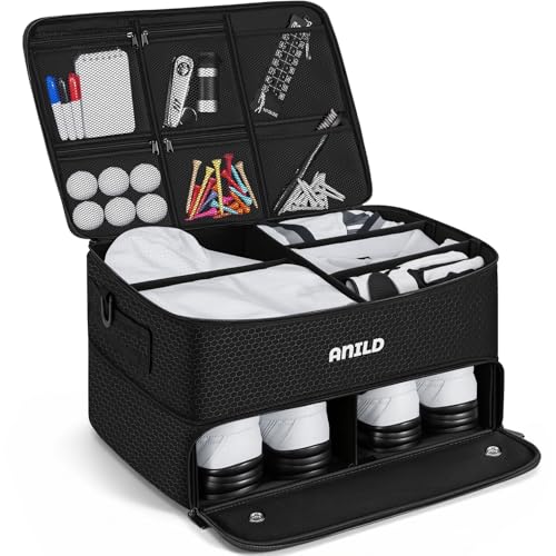 ANILD Golf Trunk Organizer, 2 Layer Golf Storage Case with Separate Ventilated Compartment for 2 Pair Shoes, for Balls, Tees, Clothes, Gloves, Accessories, Golfer Gifts - color: Black
