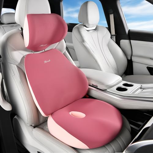 Car Seat Cushion & Lumbar Support Pillow & Car Neck Pillow, Ergonomic Memory Foam Driving Seat Cushions for Back & Sciatica Pain Relief, Non-Slip Cushion for Car, Office Chair,Wheelchair-Pink - color: A-cushion&lumbar&neck Pillow-pink