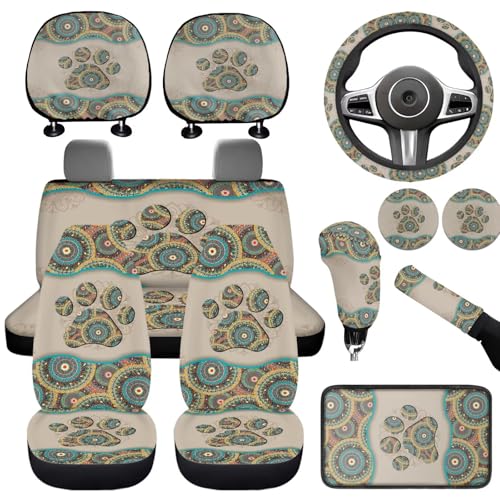 Boho Paw Print Car Seat Covers Full Set of 12 Pcs Steering Wheel Cover Car Seat Covers Auto Interior Accessories Seat Auto Interior Accessories Seat Cup Coasters Universal Fit - color: Boho Paw Print