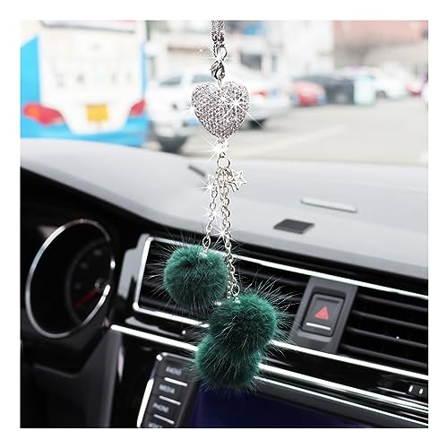 Ziciner Bling Diamond Heart Car Interior Accessories, Car Mirror Hanging Ornament for Women, Love Heart & Pink Plush Ball Decor Ornament Pendant (Dark Green) - color: Dark Green