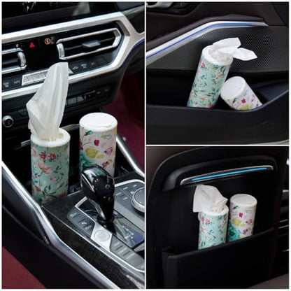 Chic Facial Tissue Holder for Car Cup Holder - Travel Tissue Tubes Box Container (3-ply, 4 Pack, 200 Sheets) - style: Green Floral