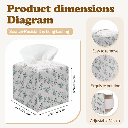 Watercolor Eucalyptus Leaves Tissue Box Cover - Green Leaves Branches Waterproof PU Leather Facial Paper Organizer, Decorative Square Holder for Bathroom, Home Office & Car Decorations - color: Green02