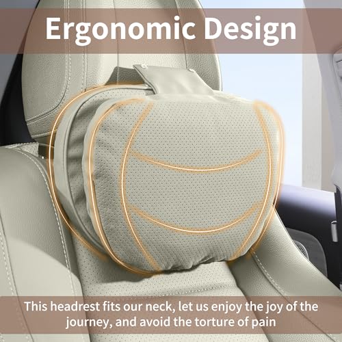 Car Headrest Pillow for Driving, Dual-Sided Leather Design Neck Pillow, Breathable Softness Neck Support, Universal Fit Head Rest Travel Pillow, Off White (Beige), 1 Pack - color: Off White (Light Gray)