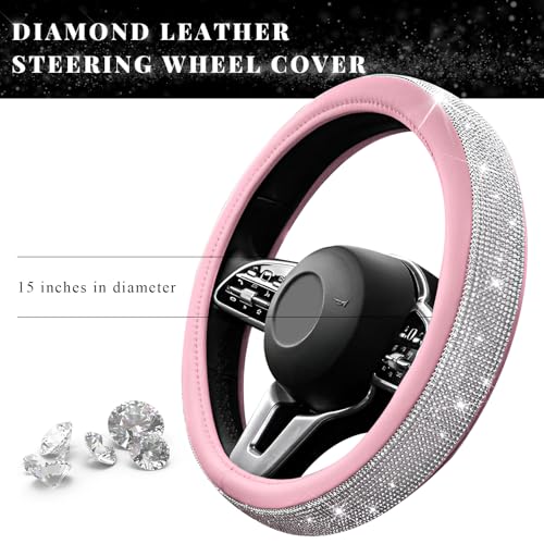 Diamond Leather Steering Wheel Cover, 15 Inch Bling Crystal Rhinestone Anti-Slip Wheel Protector, Universal Sparkling Elegant Diamond Steering Wheels Cover for Women Girl (White&Pink) - color: White&Pink