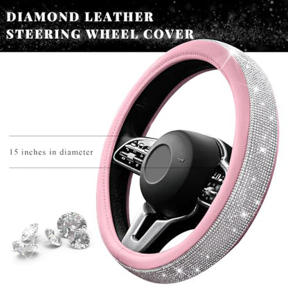 Diamond Leather Steering Wheel Cover, 15 Inch Bling Crystal Rhinestone Anti-Slip Wheel Protector, Universal Sparkling Elegant Diamond Steering Wheels Cover for Women Girl (White&Pink) - color: White&Pink