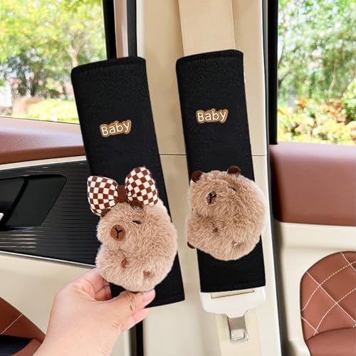 BoAn 2 PCS Seat Belt Cover Pad, Cute Kawaii Animal Capybara Plush Seatbelt Covers for Adults, Soft Seat Belt Shoulder Cushion, Cartoon Seatbelt Pad, Car Seat Strap Pads for Interior Accessories - color: black-4