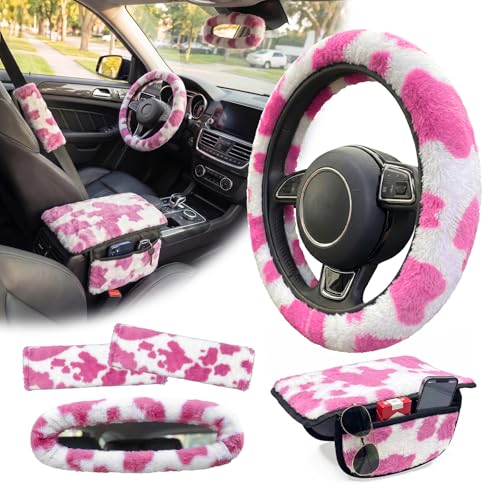 5 Pcs Fuzzy Cow Print Car Accessories Set, Soft Fluffy Plush Steering Wheel Cover, Center Console Armrest Pad & Rearview Mirror Cover - Interior Decorations for Women,Universal Fit (Pink Cow) - color: Pink Cow