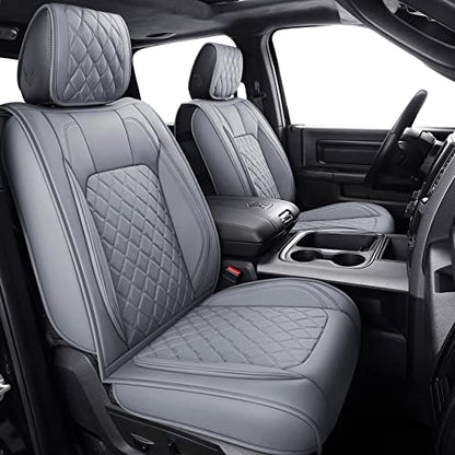 Aierxuan Dodge Ram Car Seat Covers Front Pair Waterproof Leather Custom Fit 2009-2026 1500/2500/3500 Crew Quad Regular Cab Truck Pickup Compatible with Airbag(2 PCS Front/Grey) - color: 2 PCS Front/Grey