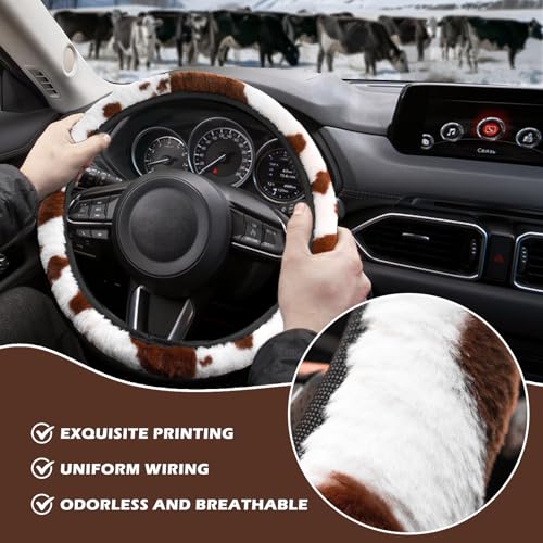 3PCS Cow Print Steering Wheel Cover Plush, Auto Cute Furry Cows Pattern Hand Brake & Shift Gear Covers Universal Soft Warm Car Interior Accessories for Women Men (Brown Cow Print, 15 inch)