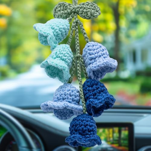 Car Mirror Hanging Accessories - Handmade Knitted Lily Flower Pendant, Cute Crochet Hanging Decor for Rearview Mirror, Women's Car Interior Decoration (1 PCS, Gradient Blue) - color: Gradient Blue-6