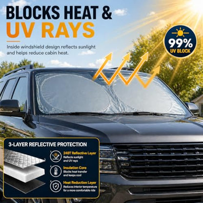Ford Expedition Windshield Sun Shade, Custom Fit Foldable Front Window Sunshade Visor, Reflective UV and Heat Block Interior Protector, Fits 1997–2024 Models - size: for Ford Expedition 2018-2025