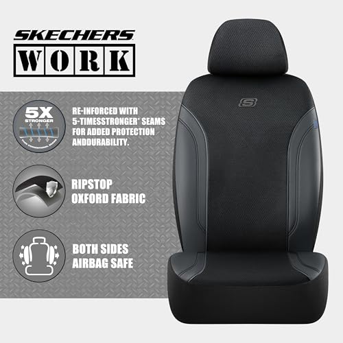 Skechers Car Seat Covers, Work Leather Seat Covers 5-Times Stronger Built-in Webbing, Oxford Fabric Seat Cover Full Sets, Airbag Compatible, Automotive Comfort for Cars, Trucks, SUVs,Black