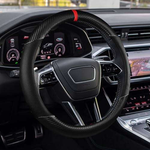Car Steering Wheel Cover, Steering Wheel Accessories, 15 Inch Microfiber Leather Carbon Fiber Soft Anti-Slip Breathable, Car Accessories Elastic Non-Slip Cover for Most Vehicles (Black) - color: Black