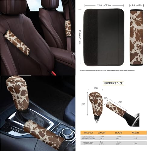 Wanyint Brown Beige Cow Print Car Seat Cover Set 14 PCS, with Steering Wheel Seat Belt Pad Garbage Bag Rearview Mirror Armrest Seat Box Handbrake Cover Set Car Coasters Fit SUV Sedan - color: Brown Beige Cow Print