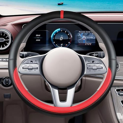 Black Red Car Steering Wheel Cover, Nappa Leather, Bottom Color Blocking, Universal 14.5-15 Inch Leather Anti-Slip Breathable Auto Steering Wheel Covers for Men Women - color: Black Red