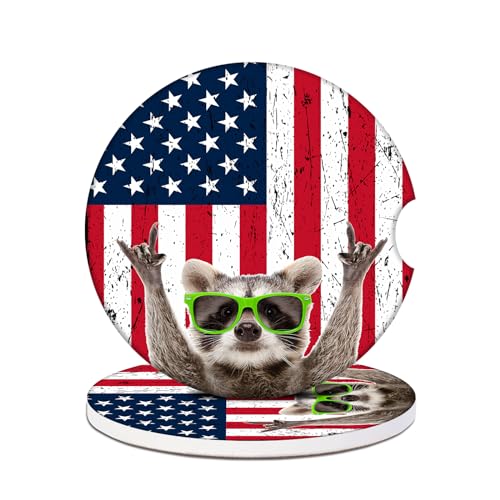 Car Cup Holders Coasters - American Flag Raccoon Absorbent Ceramic Coaster, Drink Cup Holder Coasters, Auto Interior Accessories for Women & Men Pack of 2 - color: American Flag Raccoon