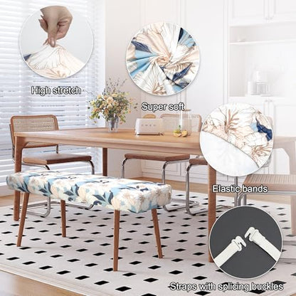 Stretch Bench Cover, Seat Cushion Protector, Washable Slipcover, Printed Rectangle Cover for Dining Room, Living Room, Kitchen - color: Blue-backed Lily