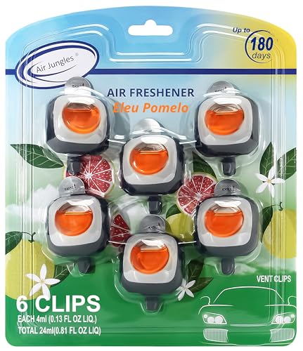 Air Jungles Eleu Pomelo Scent Car Air Freshener Clip, 6 Vent Clips, 4 ml Each, Long Lasting Air Freshener, Up to 180 Days Car Refresher Odor Eliminator - color: Eleu Pomelo, size: 6 Count (Pack of 1)
