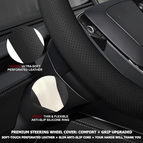 Microfiber Leather Universal 14.5-15 inch Steering Wheel Cover,Easy to Install Non-Slip Breathable Steering Wheel Protector Black