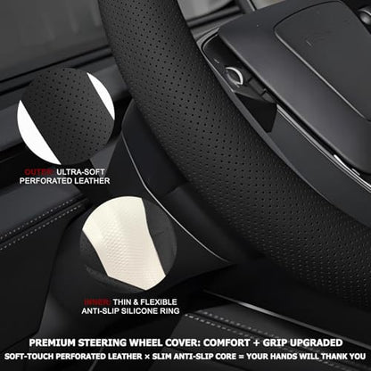 Microfiber Leather Universal 14.5-15 inch Steering Wheel Cover,Easy to Install Non-Slip Breathable Steering Wheel Protector Black