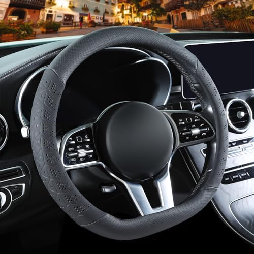 3D Premium Skin-Feel Leather Small D Shaped Steering Wheel Cover, Anti-Slip Breathable Soft Slim Design, 13.5 inch to 14 inch, Black - color: Solid Black, size: D Type-Small[13.5''-14'']