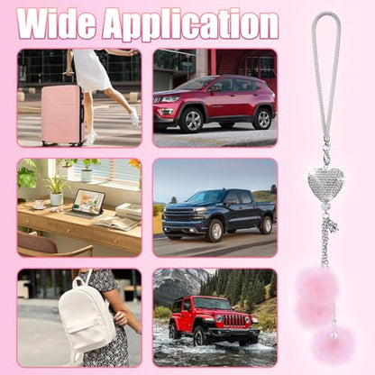 Bling Car Hanging Ornament, Bling Car Mirror Accessories for Women, Diamond Heart and Fuzzy Plush Ball, Car Accessories Hanging, Rear View Mirror Hanging Charm Pendant (White Heart, Pink Fluff)