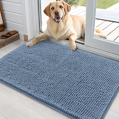 OLANLY Dog Door Mat for Muddy Paws 36x24, Absorbs Moisture and Dirt, Absorbent Non-Slip Washable Doormat, Quick Dry Chenille Mud Mat for Dogs, Entry Indoor Entryway Carpet for Inside Floor, Airy Blue - color: Airy Blue, size: 36" X 24"