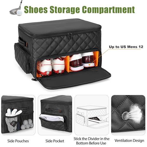 2 Layer Golf Trunk Organizer, Golf Car Storage Organizer with Individual Ventilated Compartment for 2 Pairs Shoes, Golf Car Locker for Balls, Clothes, Tees, Gloves, Accessories (Black)