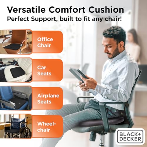 BLACK+DECKER Car Seat Cushion with Memory Foam – Ice Silk Portable Driver & Car Seat Pad for Pain Relief – Non-Slip Back, Washable Cover – Office Chair, Wheelchair, Travel Use, Black