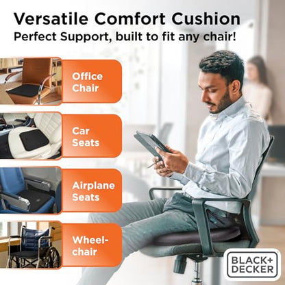 BLACK+DECKER Car Seat Cushion with Memory Foam – Ice Silk Portable Driver & Car Seat Pad for Pain Relief – Non-Slip Back, Washable Cover – Office Chair, Wheelchair, Travel Use, Black