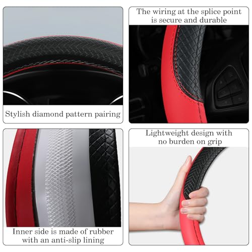 Black & Red Car Steering Wheel Cover, Microfiber, Leather Patchwork, Universal 14.5-15 Inch Leather Anti-Slip Breathable Auto Steering Wheel Covers for Men Women - color: Black & Red