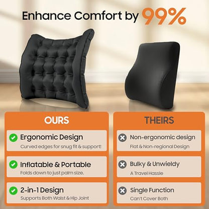 Lumbar Support Pillow, Inflatable Seat Cushion, Lightweight Car Back Cushion, Portable Chair Seat & Back Cushions for Office, Outdoor, Flight, Workplace, Black Stadium Cushions with TPU
