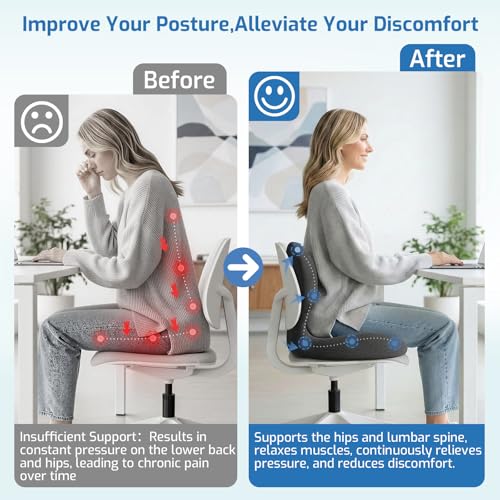 Seat Cushion,Office Chair Cushion with Lumbar Support,Memory Foam Car Orthopedic Cushion,Ergonomic Designed for Long Sitting,Tailbone & Back Pain Relief,Sciatica Pillow for Office,Car,Home Chair