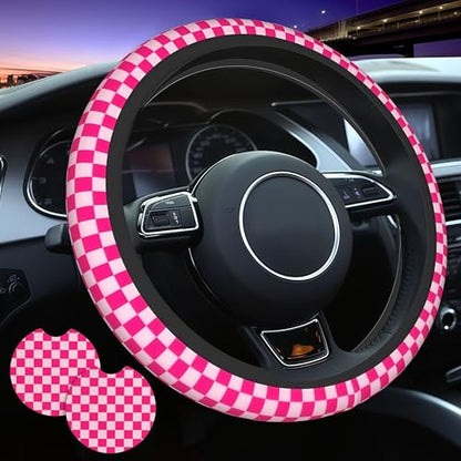 Pink Checkered Steering Wheel Cover Checkered hot Pink Steering Wheel Cover of Wome Anti-Slip Breathable Universal 14-15 Inch Car with 2 Pcs Car Coasters Suitable Men Women - color: Checkered Pink