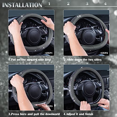 CAR PASS Bling Diamond Leather Steering Wheel Cover, with Bling Sparkly Crystal Glitter Rhinestones Universal Fit 14" 1/2-15" Car Wheel Protector for Women Girl Fit Suvs,Vans,Sedans,Cars,Trucks, Gray - color: Gray Diamond